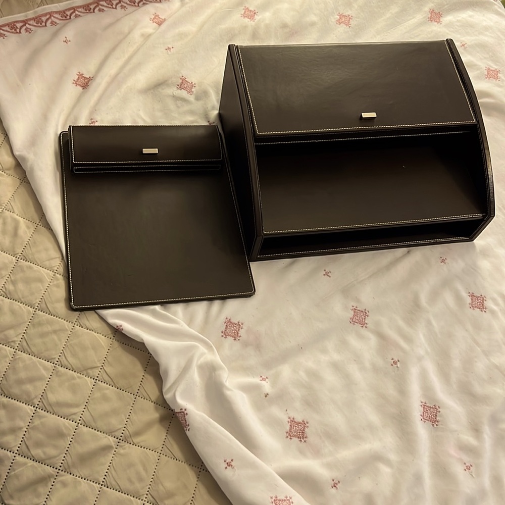 File Desk Organizer Coffee Faux Leather Brown